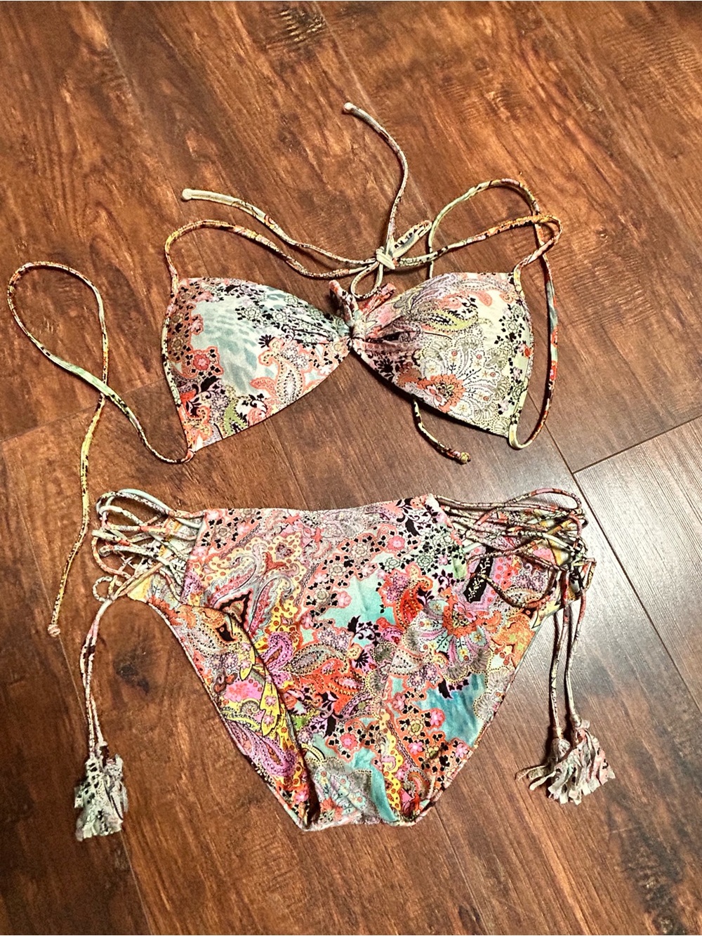 Luli Fama Floral Trim Bikini Top in Green, Coral & Black - Picture 8 of 11